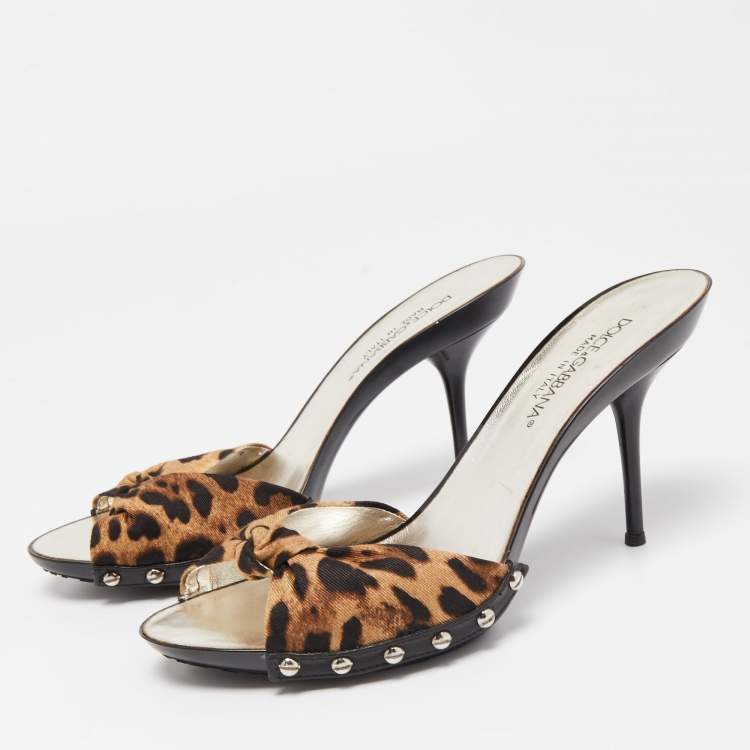 Pre Owned Dolce & Gabbana Brown/Beige Animal Print Knotted Canvas Slide Sandals Size 38.5