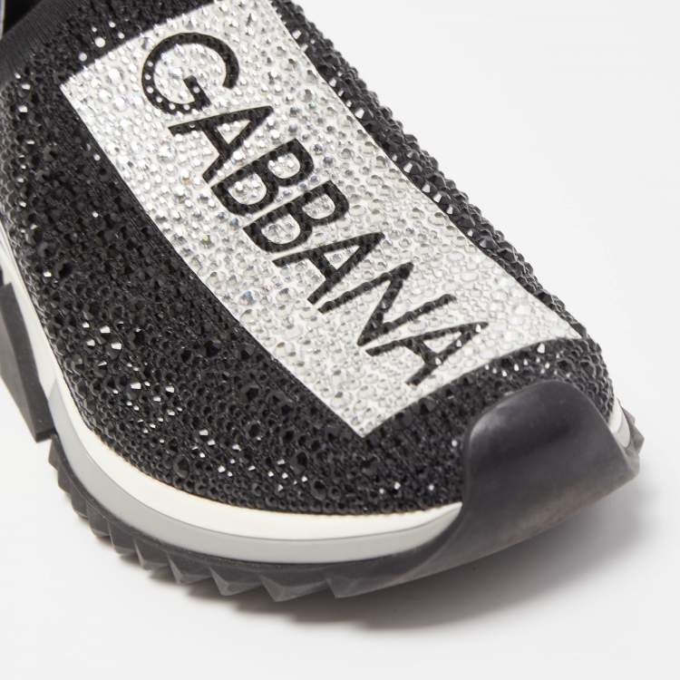 Pre Owned Dolce & Gabbana Black/Silver Crystal Embellished Knit Fabric Sorrento Sneakers Size 39
