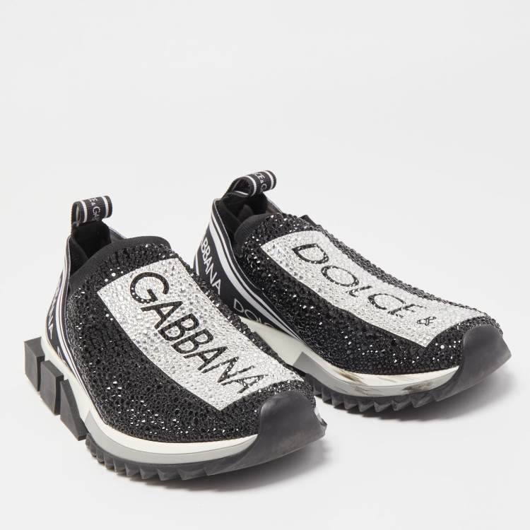 Pre Owned Dolce & Gabbana Black/Silver Crystal Embellished Knit Fabric Sorrento Sneakers Size 39