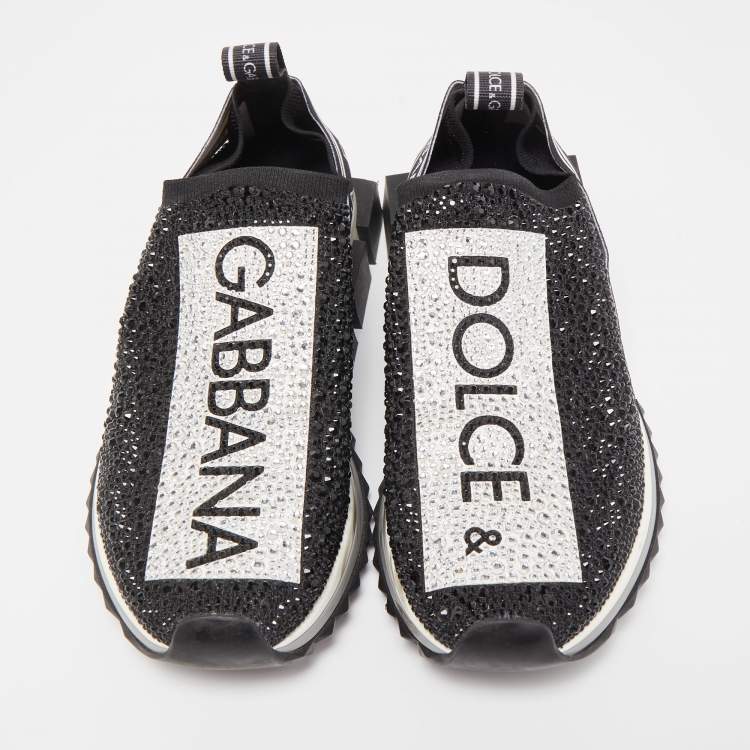 Pre Owned Dolce & Gabbana Black/Silver Crystal Embellished Knit Fabric Sorrento Sneakers Size 39