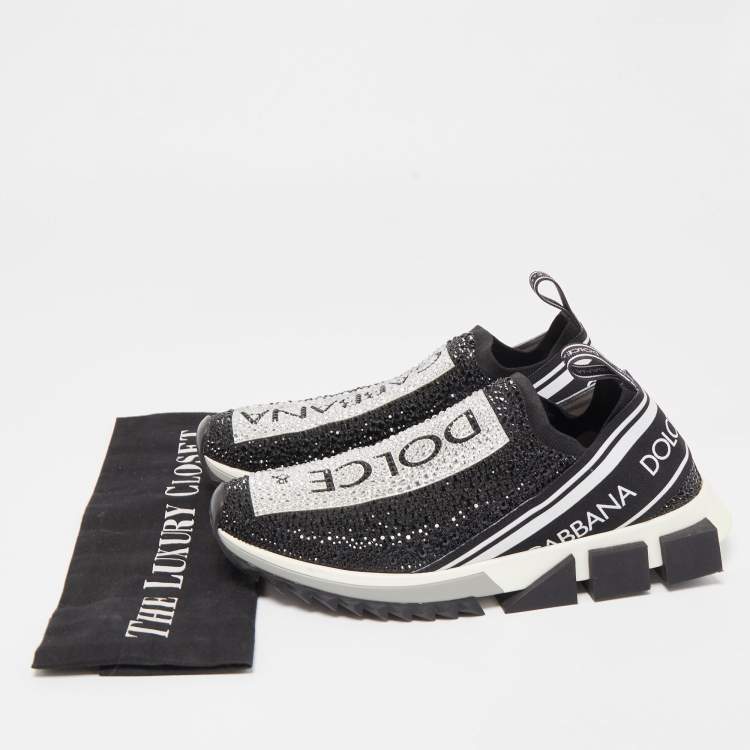 Pre Owned Dolce & Gabbana Black/Silver Crystal Embellished Knit Fabric Sorrento Sneakers Size 39