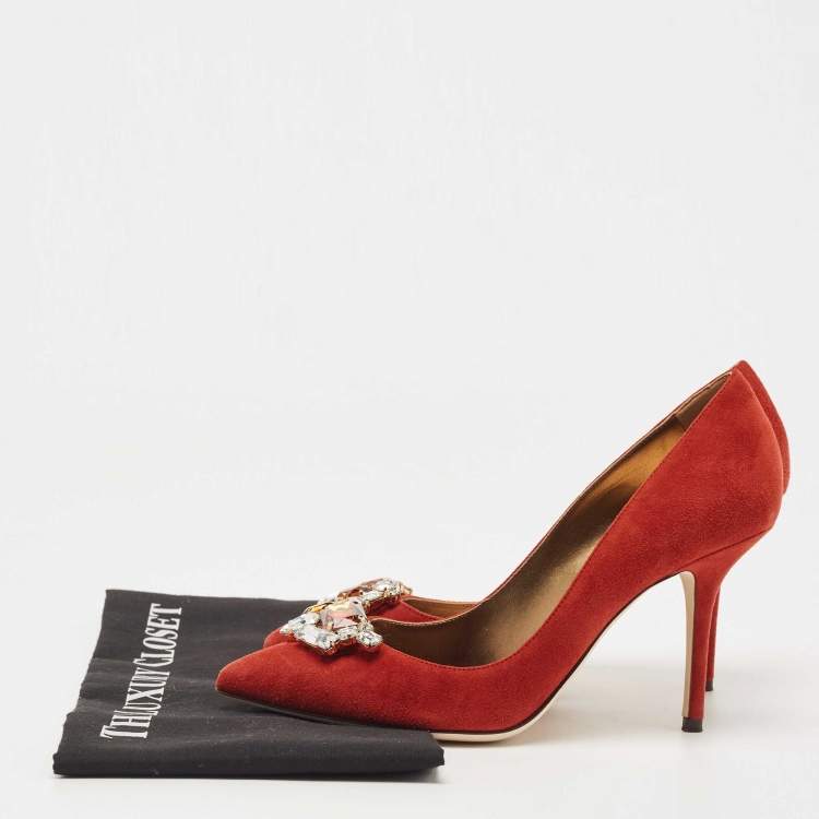 Pre Owned Dolce & Gabbana Orange Suede Embellished Pumps Size 38