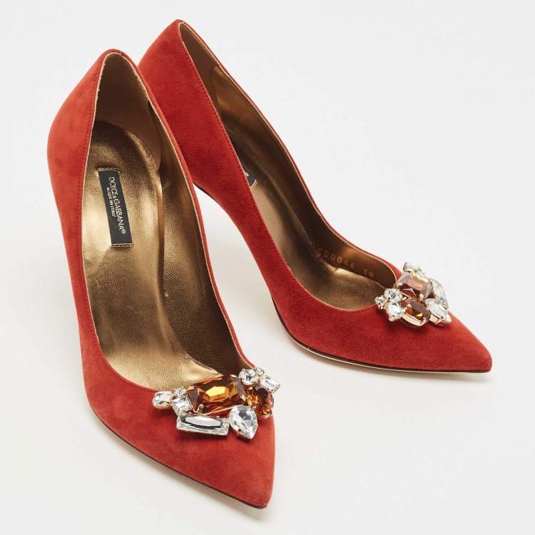 Pre Owned Dolce & Gabbana Orange Suede Embellished Pumps Size 38
