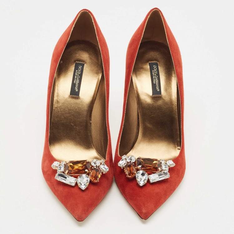 Pre Owned Dolce & Gabbana Orange Suede Embellished Pumps Size 38