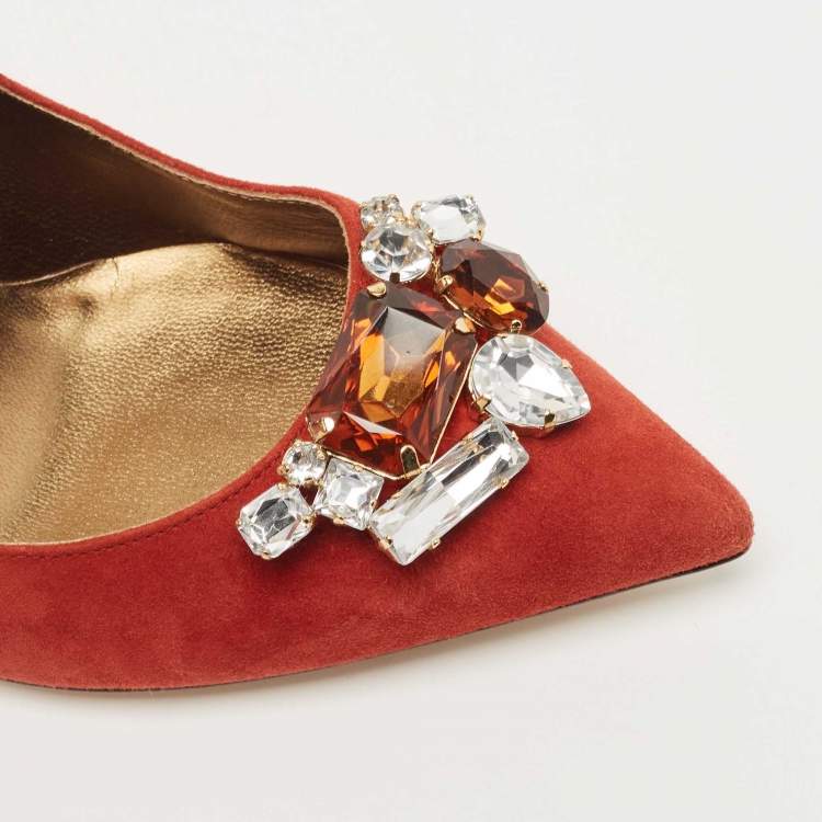 Pre Owned Dolce & Gabbana Orange Suede Embellished Pumps Size 38