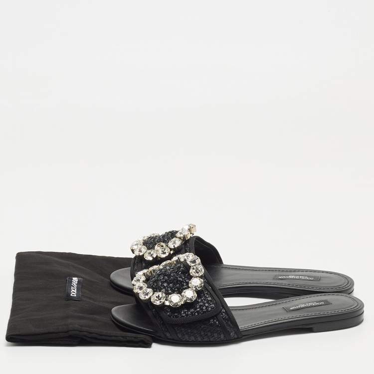 Pre Owned Dolce & Gabbana Black Raffia Crystal Embellished Flat Slides Size 36.5