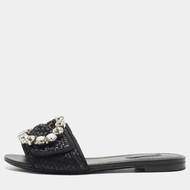 Pre Owned Dolce & Gabbana Black Raffia Crystal Embellished Flat Slides Size 36.5