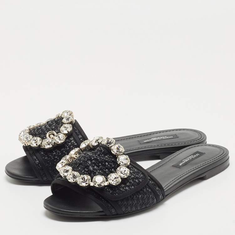 Pre Owned Dolce & Gabbana Black Raffia Crystal Embellished Flat Slides Size 36.5