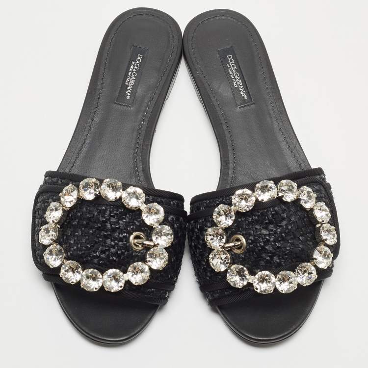 Pre Owned Dolce & Gabbana Black Raffia Crystal Embellished Flat Slides Size 36.5