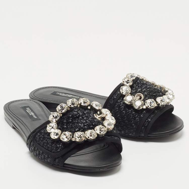 Pre Owned Dolce & Gabbana Black Raffia Crystal Embellished Flat Slides Size 36.5