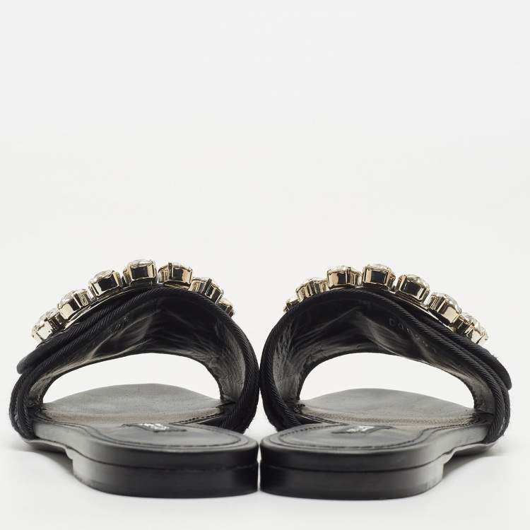 Pre Owned Dolce & Gabbana Black Raffia Crystal Embellished Flat Slides Size 36.5