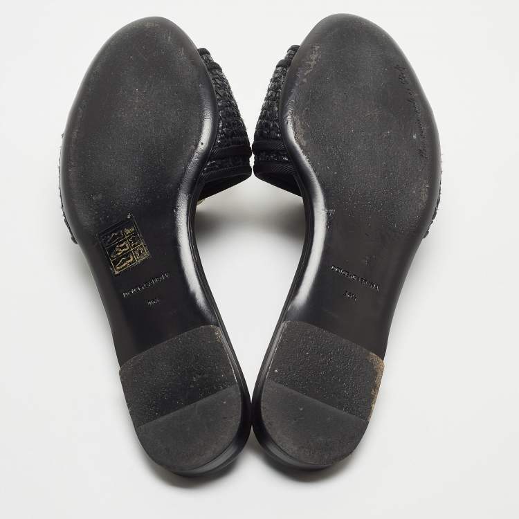 Pre Owned Dolce & Gabbana Black Raffia Crystal Embellished Flat Slides Size 36.5