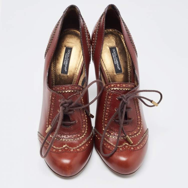 Pre Owned Dolce & Gabbana Brown Brogue Leather Loafer Pumps Size 39
