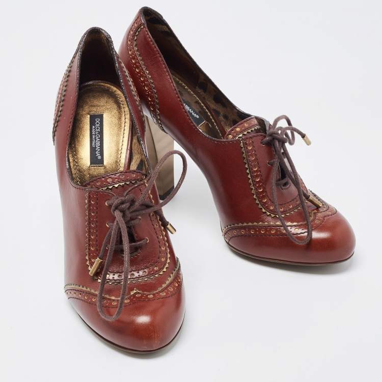 Pre Owned Dolce & Gabbana Brown Brogue Leather Loafer Pumps Size 39