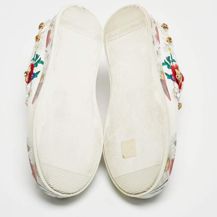 Pre Owned Dolce & Gabbana White Leather Embroidered Portofino Low Top Sneakers Size 38