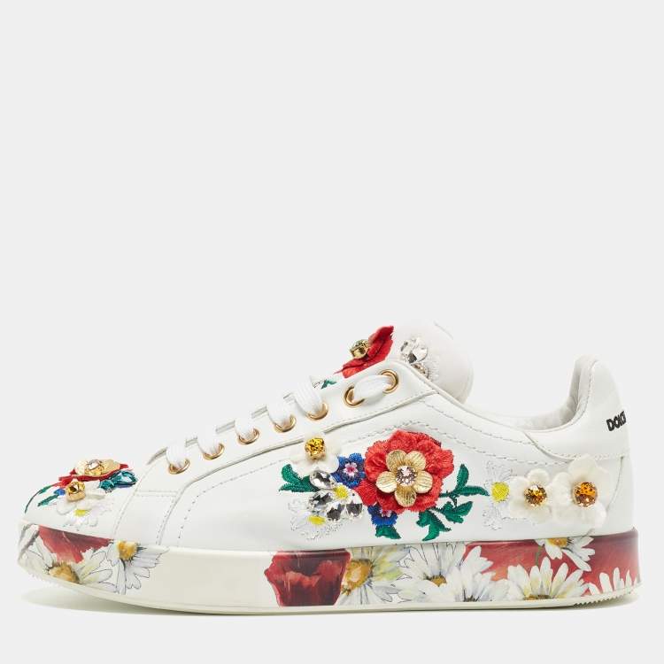 Pre Owned Dolce & Gabbana White Leather Embroidered Portofino Low Top Sneakers Size 38