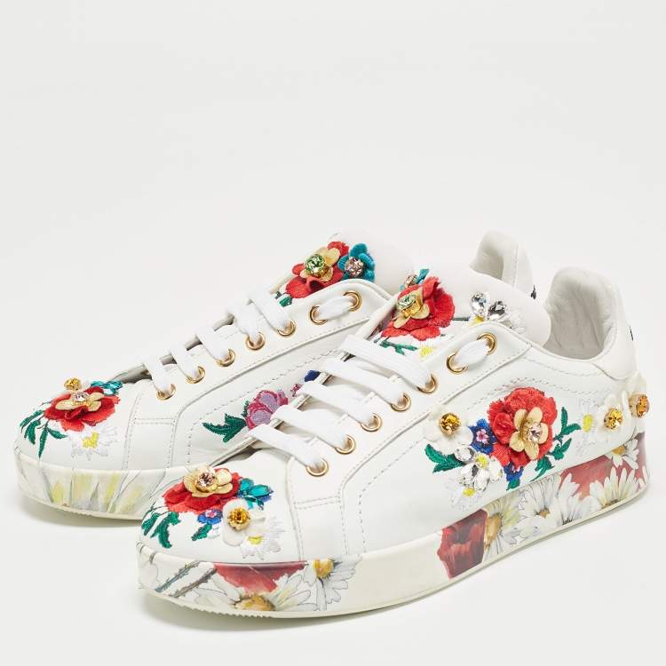 Pre Owned Dolce & Gabbana White Leather Embroidered Portofino Low Top Sneakers Size 38