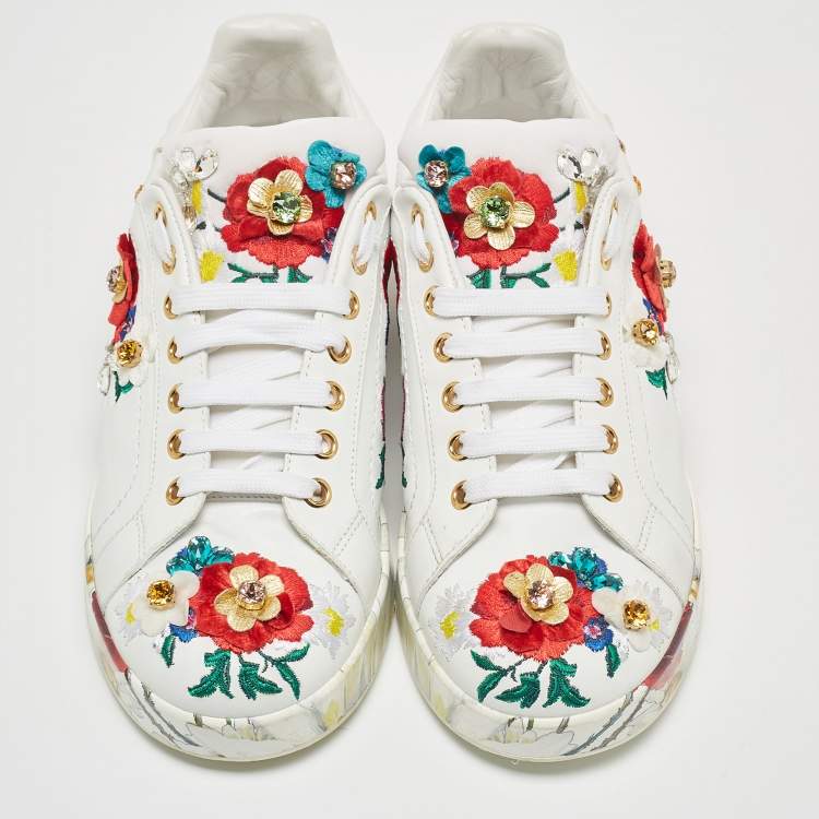Pre Owned Dolce & Gabbana White Leather Embroidered Portofino Low Top Sneakers Size 38