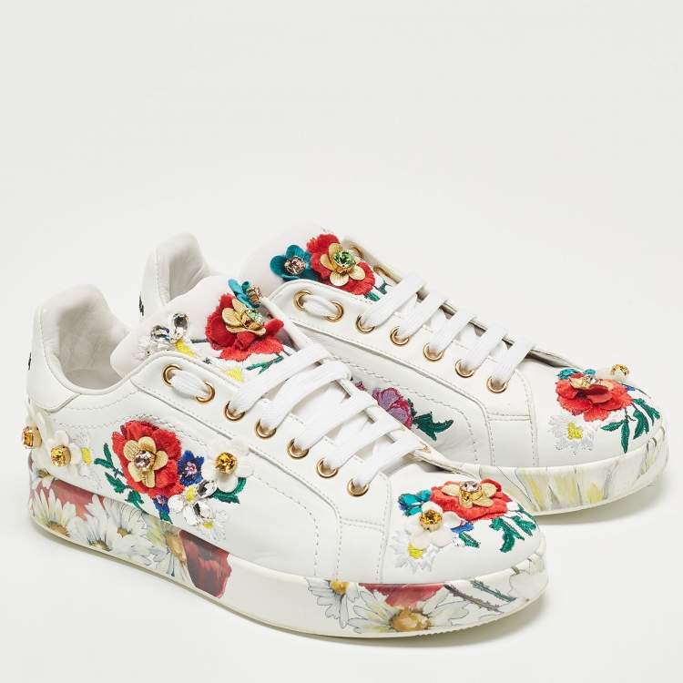 Pre Owned Dolce & Gabbana White Leather Embroidered Portofino Low Top Sneakers Size 38