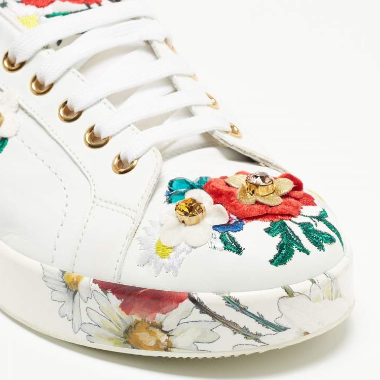 Pre Owned Dolce & Gabbana White Leather Embroidered Portofino Low Top Sneakers Size 38