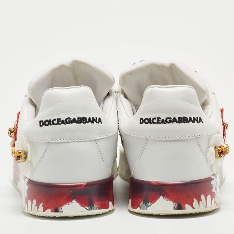 Pre Owned Dolce & Gabbana White Leather Embroidered Portofino Low Top Sneakers Size 38