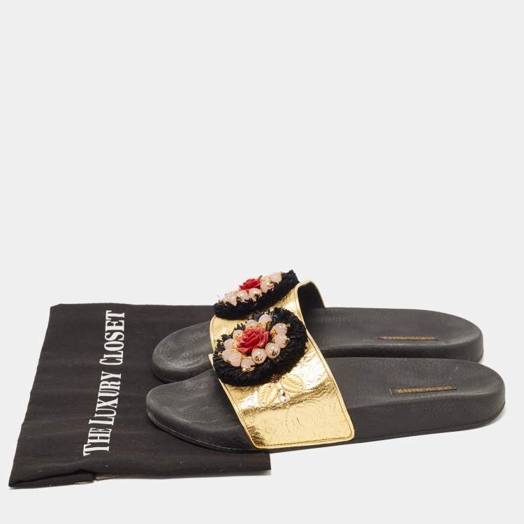 Pre Owned Dolce & Gabbana Gold Jacquard Embellished Slide Sandals Size 40