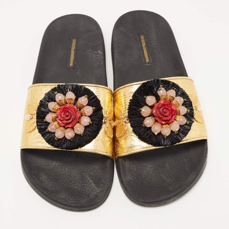 Pre Owned Dolce & Gabbana Gold Jacquard Embellished Slide Sandals Size 40