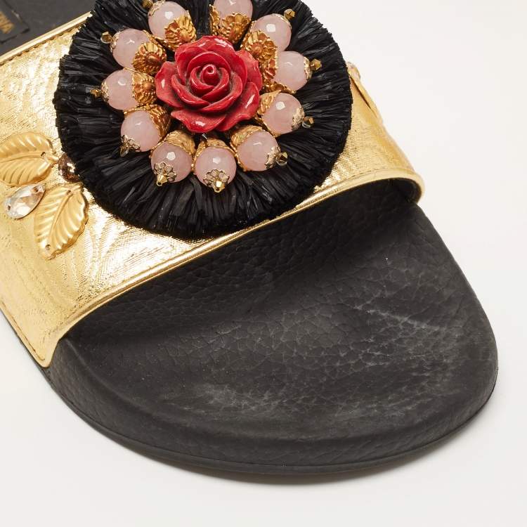 Pre Owned Dolce & Gabbana Gold Jacquard Embellished Slide Sandals Size 40