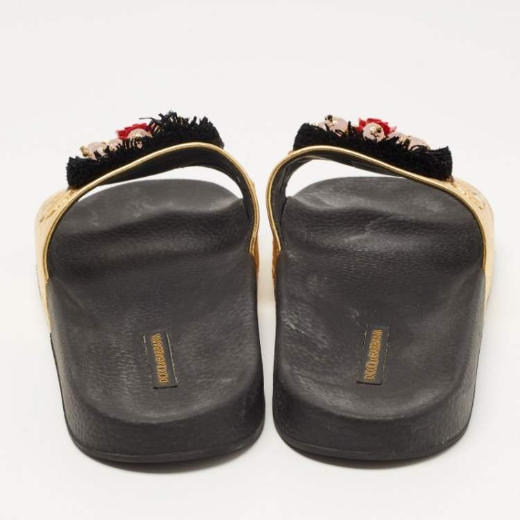 Pre Owned Dolce & Gabbana Gold Jacquard Embellished Slide Sandals Size 40