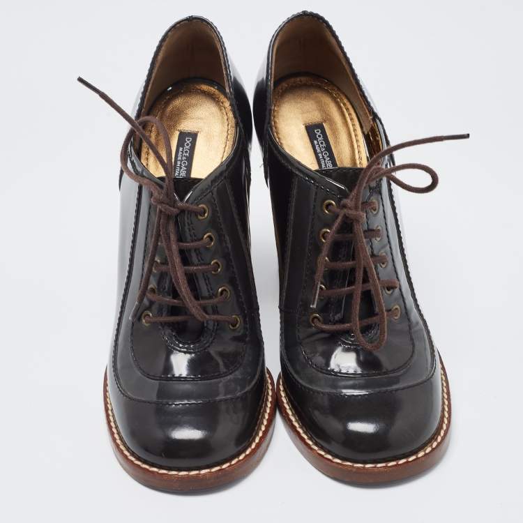 Pre Owned Dolce & Gabbana Brown Patent Leather Lace Up Loafer Pumps Size 39