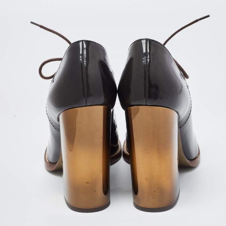 Pre Owned Dolce & Gabbana Brown Patent Leather Lace Up Loafer Pumps Size 39