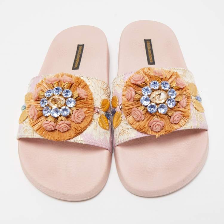 Pre Owned Dolce & Gabbana Pink Jacquard Fabric Embellished Slides Size 40