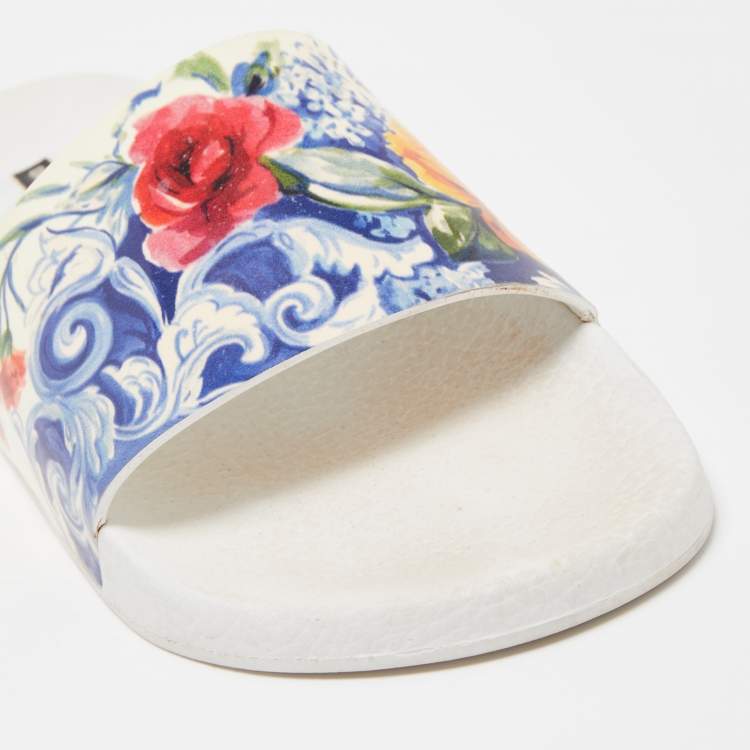 Pre Owned Dolce & Gabbana Multicolor Majolica Print Leather Slides Size 40
