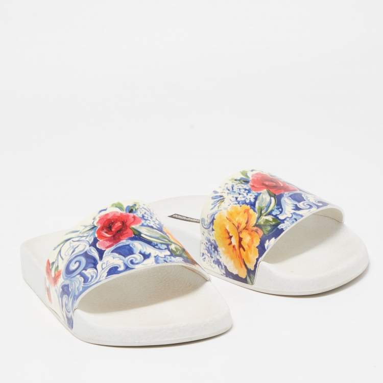 Pre Owned Dolce & Gabbana Multicolor Majolica Print Leather Slides Size 40