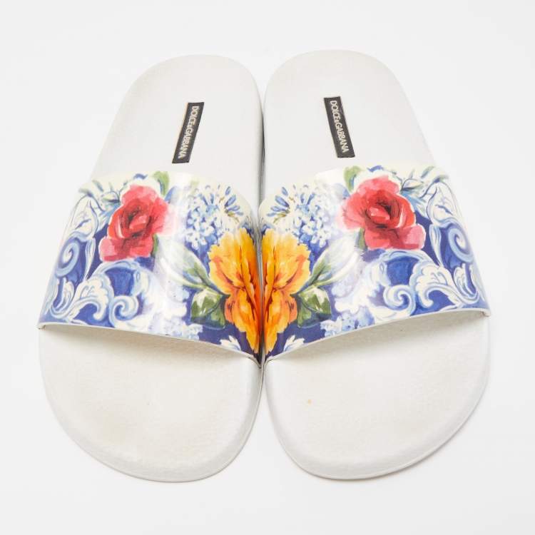 Pre Owned Dolce & Gabbana Multicolor Majolica Print Leather Slides Size 40