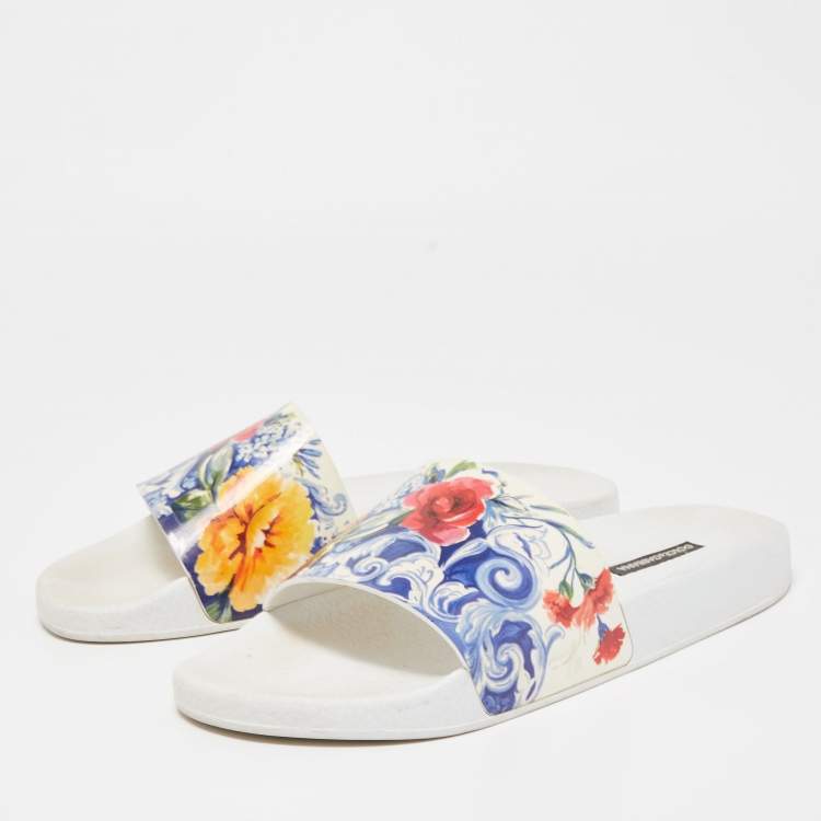 Pre Owned Dolce & Gabbana Multicolor Majolica Print Leather Slides Size 40
