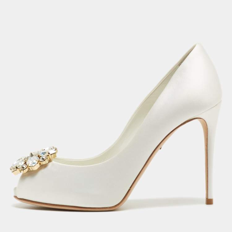 Pre Owned Dolce & Gabbana White Satin Crystal Embellished Peep Toe Pumps Size 36