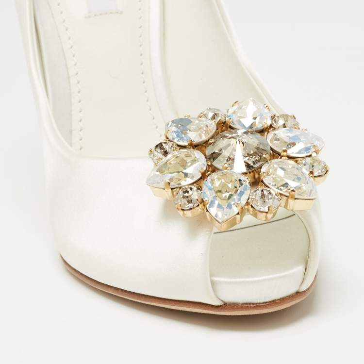 Pre Owned Dolce & Gabbana White Satin Crystal Embellished Peep Toe Pumps Size 36