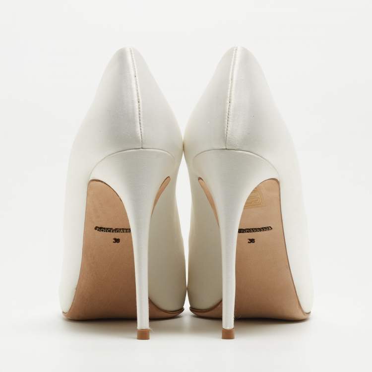 Pre Owned Dolce & Gabbana White Satin Crystal Embellished Peep Toe Pumps Size 36