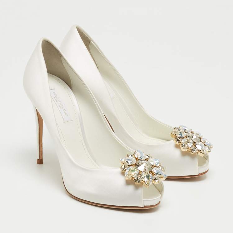 Pre Owned Dolce & Gabbana White Satin Crystal Embellished Peep Toe Pumps Size 36
