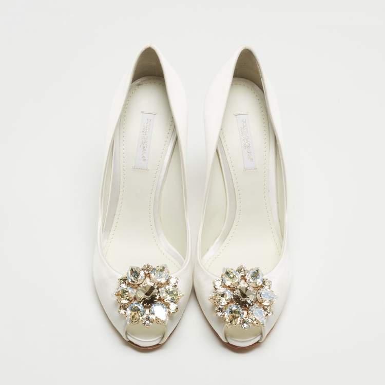 Pre Owned Dolce & Gabbana White Satin Crystal Embellished Peep Toe Pumps Size 36