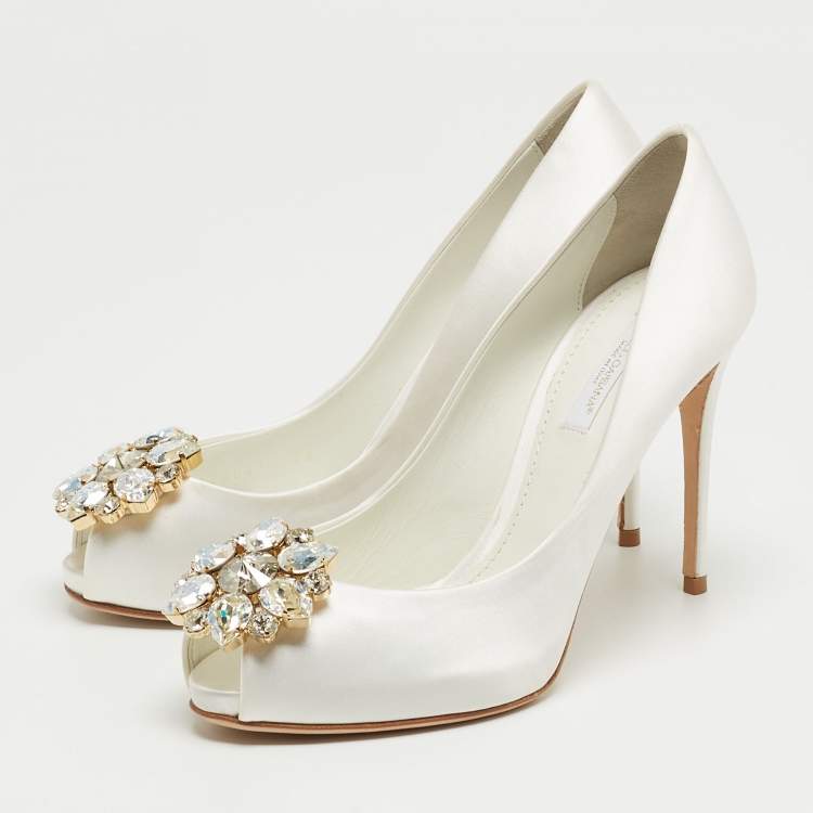 Pre Owned Dolce & Gabbana White Satin Crystal Embellished Peep Toe Pumps Size 36