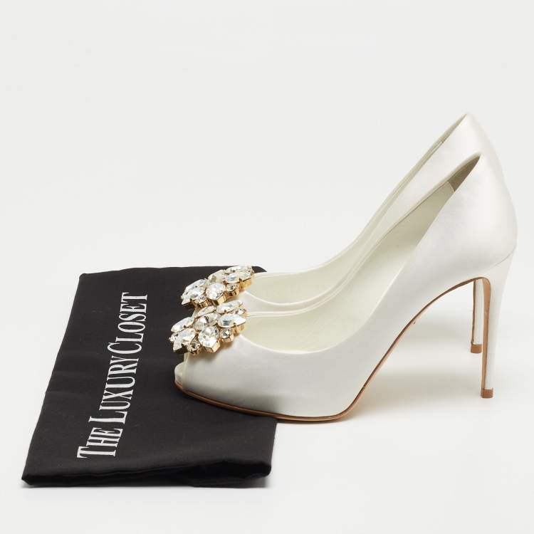 Pre Owned Dolce & Gabbana White Satin Crystal Embellished Peep Toe Pumps Size 36
