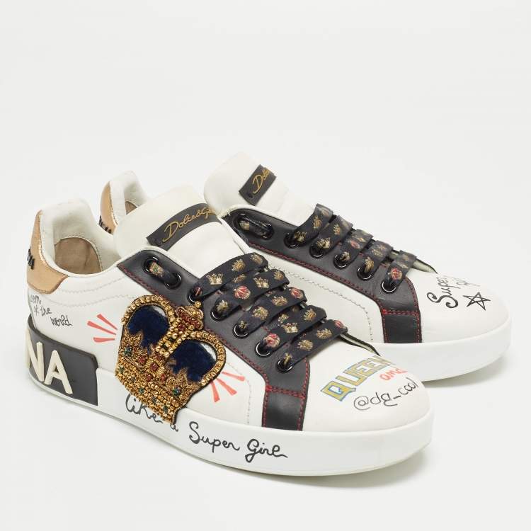 Pre Owned Dolce & Gabbana White Leather Embellished Crown Portofino Sneakers Size 37