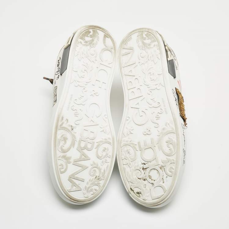 Pre Owned Dolce & Gabbana White Leather Embellished Crown Portofino Sneakers Size 37