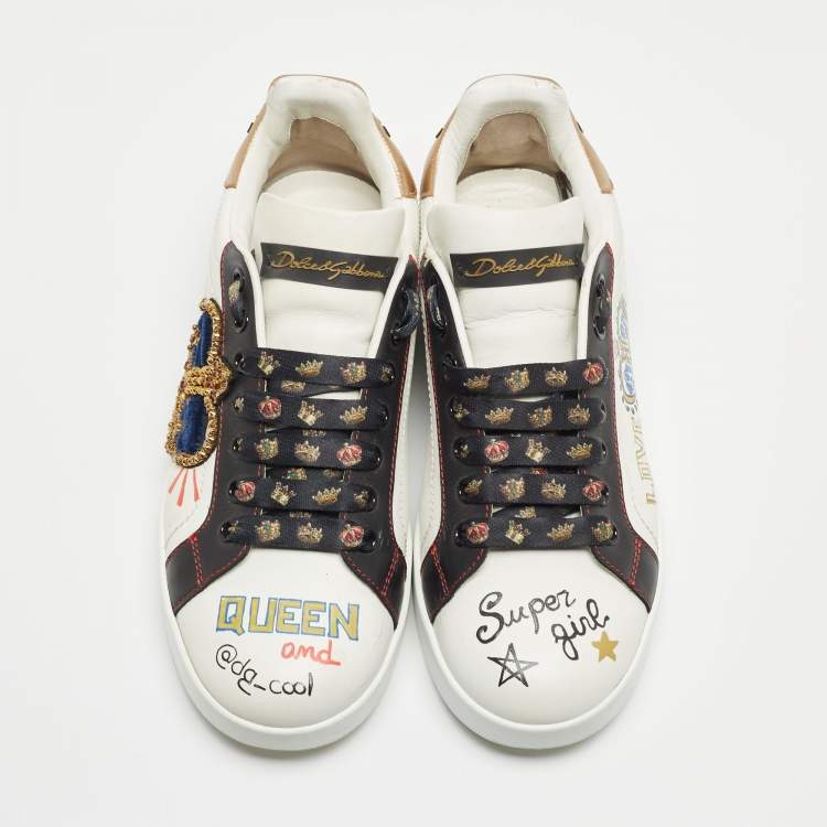 Pre Owned Dolce & Gabbana White Leather Embellished Crown Portofino Sneakers Size 37