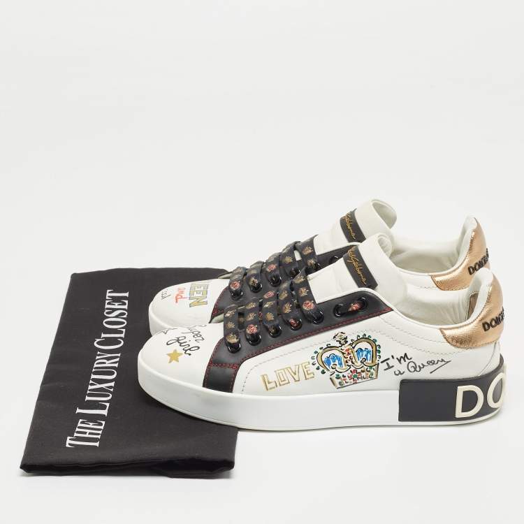 Pre Owned Dolce & Gabbana White Leather Embellished Crown Portofino Sneakers Size 37