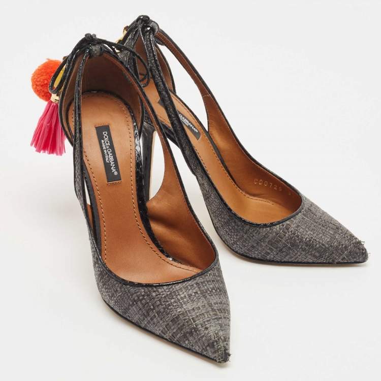 Pre Owned Dolce & Gabbana Black Raffia Pom Pom Detail Tie Up Pumps Size 37