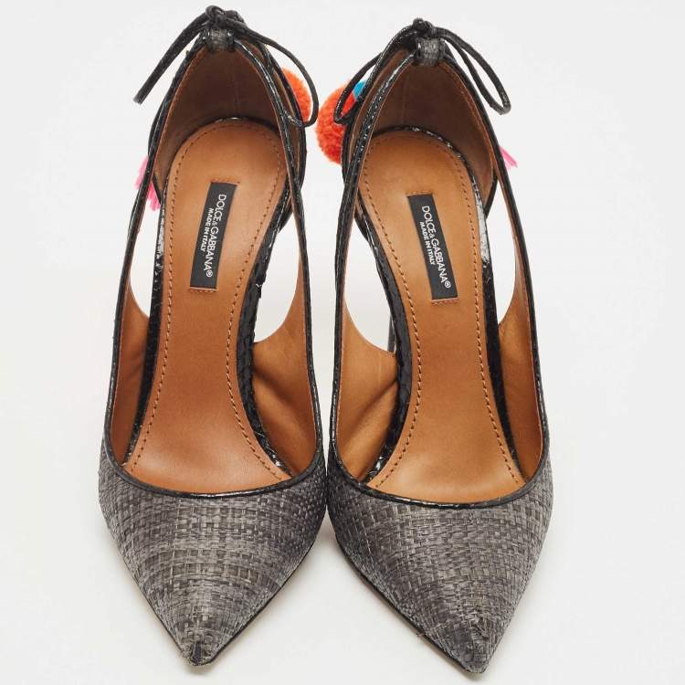 Pre Owned Dolce & Gabbana Black Raffia Pom Pom Detail Tie Up Pumps Size 37