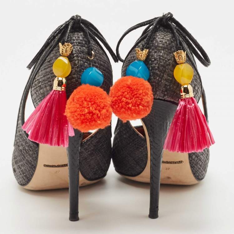 Pre Owned Dolce & Gabbana Black Raffia Pom Pom Detail Tie Up Pumps Size 37
